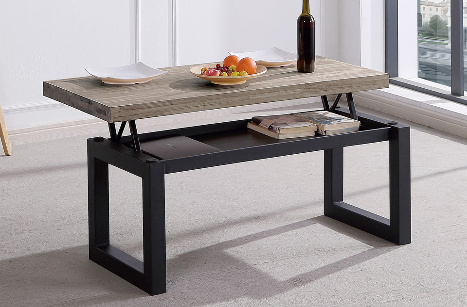 Table basse relevable Loft chêne American, plateau relevé, près de la baie vitrée
