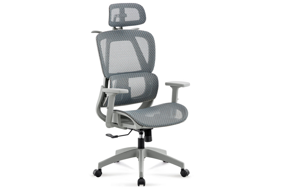 Chaise de bureau pivotante Ergo gris, vue de trois quarts avec l’assise visible