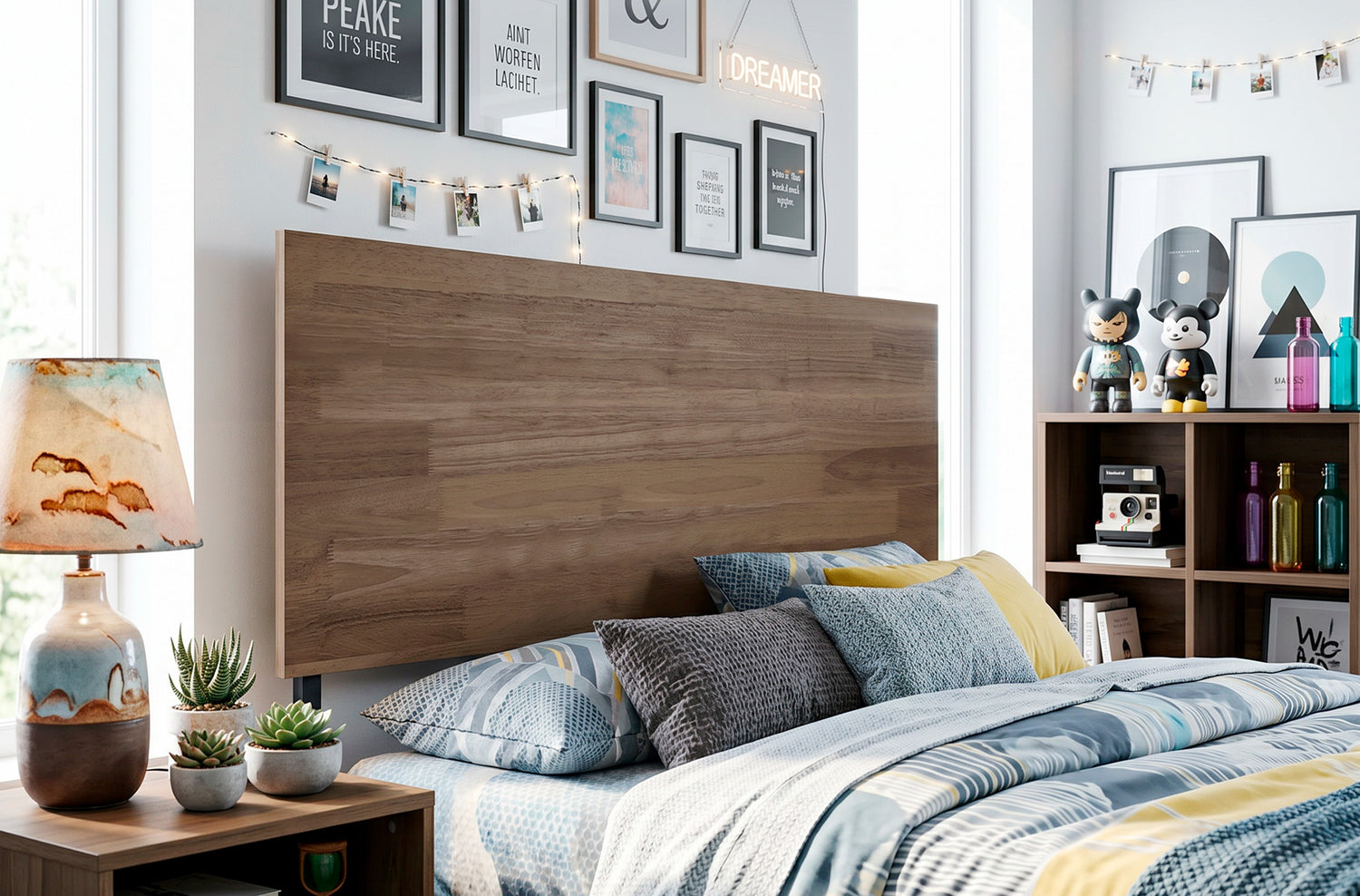 Cabecero Industrial para cama de 100 en un dormitorio, sobre la cama y bajo una pared con cuadros