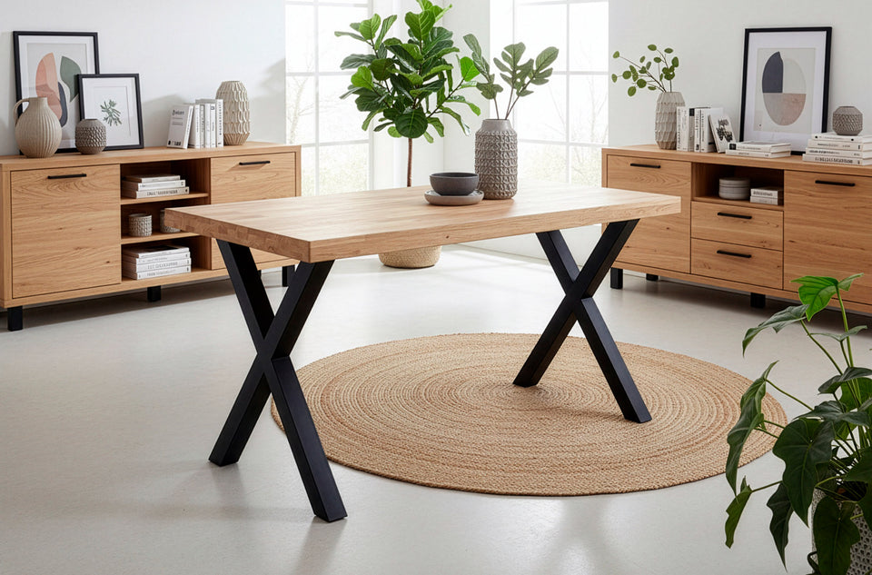 Table à manger X-Loft 140 cm dans une salle à manger avec buffets, tapis rond et plantes