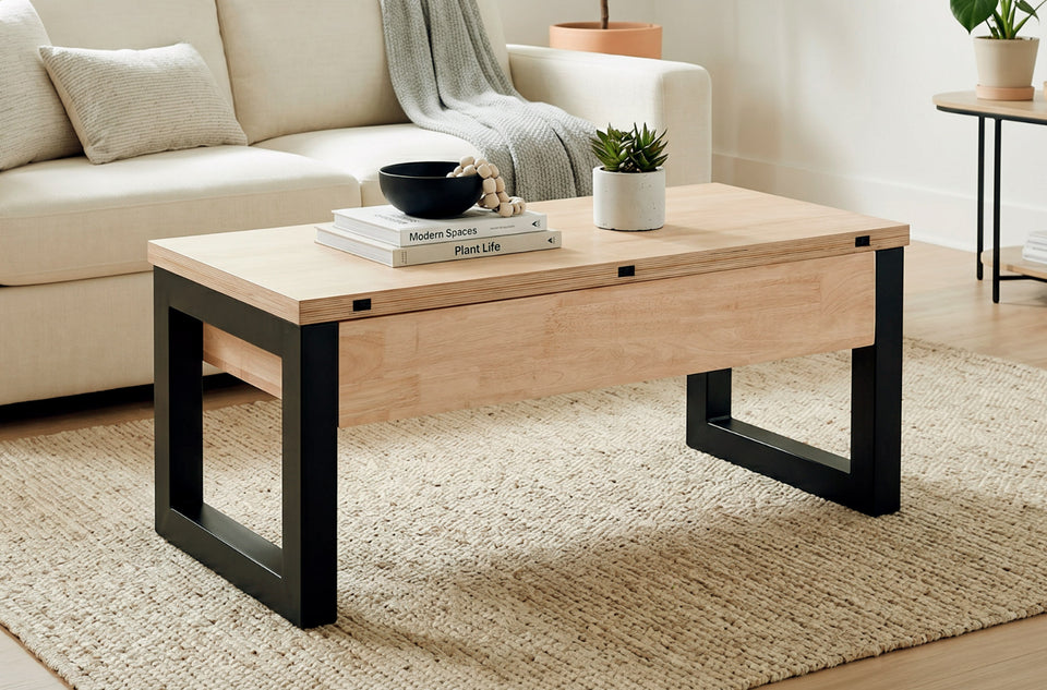 Table basse relevable Loft Advance en finition noire, dans un salon avec canapé et tapis