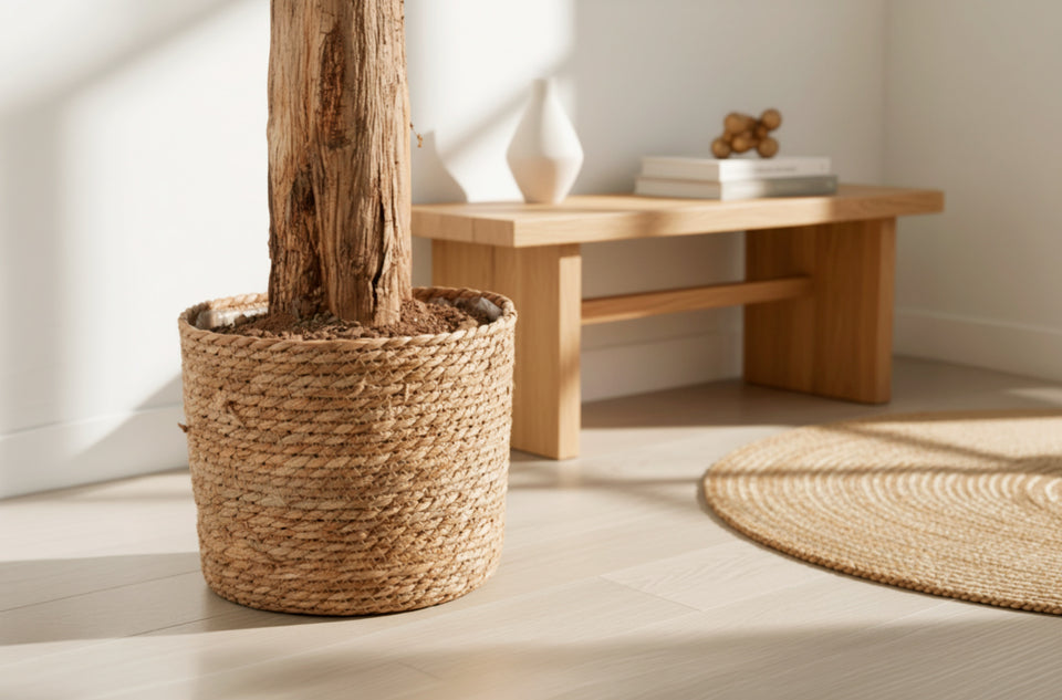 Panier en sparte pour plante artificielle avec une plante, à côté d'un banc et d'un tapis rond