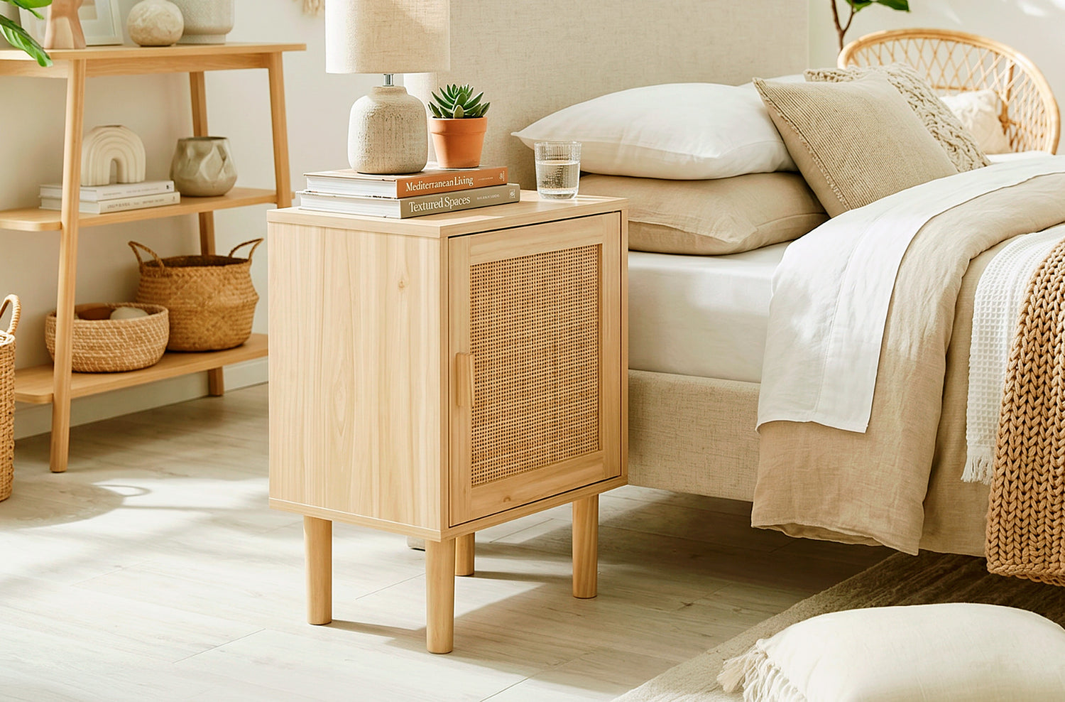 Mesita de noche Décor de pino y ratán colocada junto a la cama en un dormitorio