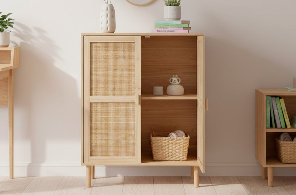 Armario bajo Décor de pino y ratán