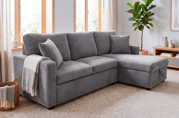 Sofá cama chaise longue con arcón corduroy gris