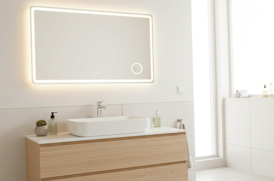 Miroir LED grossissant Waterproof allumé au-dessus d'un meuble vasque près d'une fenêtre
