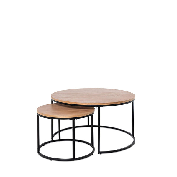 Set mesas centro Adriano roble / negro, mesa de centro de roble y metal para el salón, 80 × 80 × 46 cm