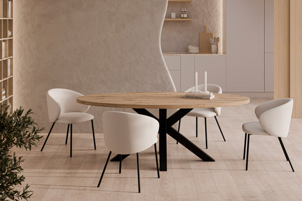Mesa fija Sandy Ovalada roble / negro, mesa de comedor de melamina y metal, en un ambiente real, 200 × 100 × 75 cm