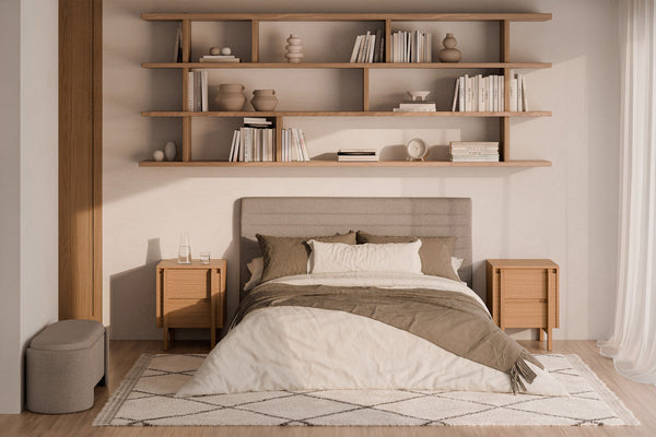 Mesita baja Pacific, mesita de noche de madera, en un ambiente real, 40 × 38 × 48 cm
