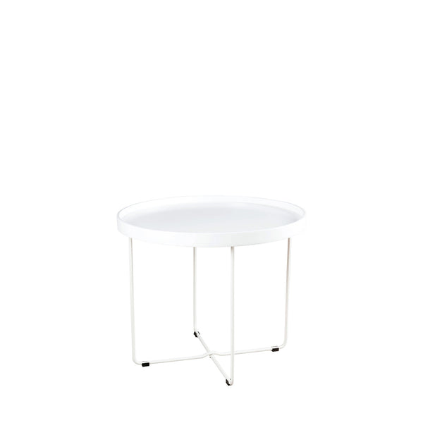Mesa auxiliar Dave, de metal para el salón, vista de estudio, ø60 × 50 cm de alto
