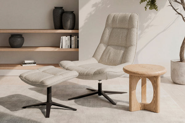 Butaca Parma Beige, en tejido para el salón, en un ambiente real, 83 × 79 × 98 cm