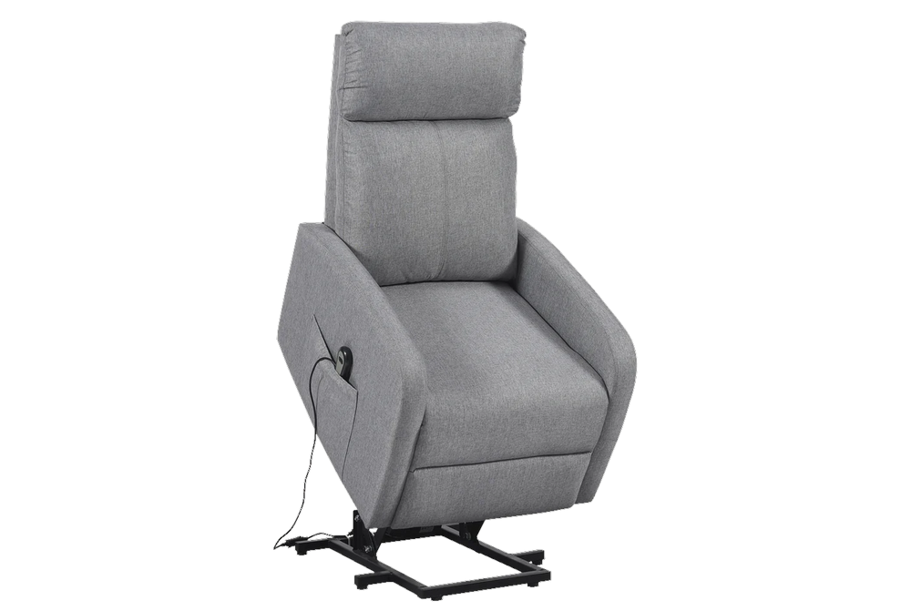 Sillón gris: con el asiento elevado e inclinado hacia delante para ayudar a levantarse.